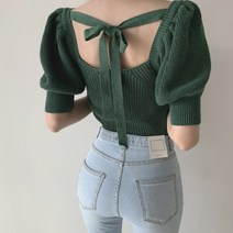 [랜덤플레이] 스퀘어넥 벌룬 소매 백 리본 반팔 니트