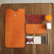 일로레더 심플 가죽 카드지갑만들기 가죽공예키트 DIY 학교수업재료 공예반제품 바느질공예 (이니셜각인포함), 와인, 본(베이지)
