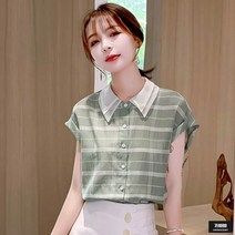 가바바 여성 블라우스 시원한 체크패턴 조합 반팔 블라우스 G45852