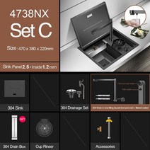 사각싱크볼 고급 스테인레스 주방 씽크대 싱크볼 새로운 나노 미터 숨겨진 바 주방 싱크 SUS 304 스테인레, 03 Set-C