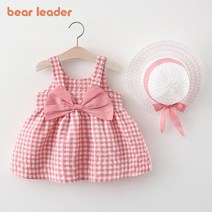 Bear Leader 2022 New Baby Girls Large Bow Plaid Suspender Skirt + Hat