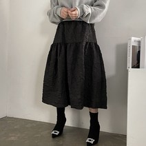 [비비애르] 플라워 자가드 주름 밴딩 스커트 링클 볼륨 플레어 세련된 하객스커트 사계절템