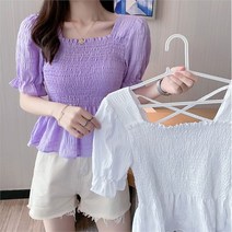 오노마 오노마 ONM 스모크 밴딩 스퀘어넥 블라우스 뒷X 라인 끈 밑단프릴 (9720808)