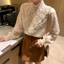 제이블리 반하이넥 깃털 레이스 진주 블라우스