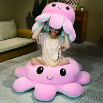 Natural light뒤집기 귀여운 문어 바디필로우 대형펫인형+20CM랜덤 컬러 문어 피규어, 130CM, 핑크와 라이트블루