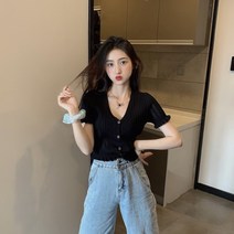 칼라 짧은 소매 티셔츠 여자 여름 초불 펀칭 카디건 니트 얇은 허리 배꼽 짧은