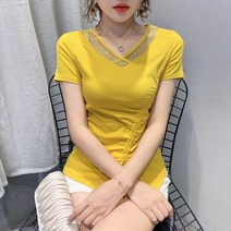 댄스복 상의 브이넥 핫피스 스트링 반팔 슬림 티셔츠 상의 6N624