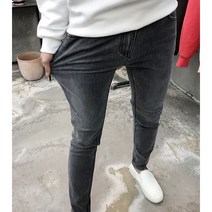 용된다 남자 그레이 워싱 슬림핏 9부 데님 청바지