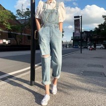 여성 청 데님 멜빵 바지 오버롤 와이드 루즈핏 봄가을 S/S 여스트레이트핏 슬림 배기
