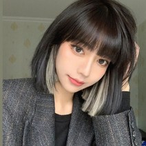 시크릿 투톤 단발 통 가발 보브컷 중단발 전체 숏단발 염색 애쉬 그레이 금발, 브라운투톤-에쉬그레이