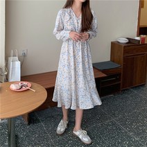 봄 플라워 잔꽃 프릴 브이넥 롱 원피스