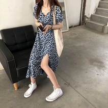 플라워 패턴 꽃무늬 원피스 드레스 여성 미디 절개 디자인 꽃 라인 복고풍 학생 퍼프소매 홀리데이 캐주얼