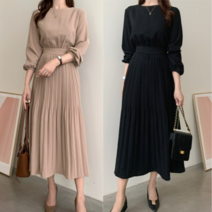 우아한 벨티드 플리츠 주름 롱 원피스 라운드넥 브라운 블랙 여성 여자 오피스 하객룩 상견례룩