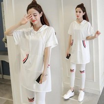 여자 후드 티 반팔 오버사이즈 상의 컬러 블로킹 홀 팬츠 투피스 스포츠 수트 스타일