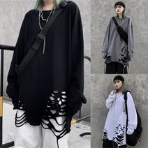 차쿠 멘즈 우먼 레어어드 구멍 찢어진 롱슬리브 티셔츠