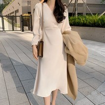 빈티지 브이넥원피스 조거 긴팔 솔리드 오버슬립롱 벨벳원피스 여 XT