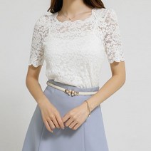 스타일온미 러브앤온리 스켈럽 넥라인 올 레이스 반팔 소매 블라우스 티