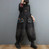 YI MING 여성 9부청바지 점프수트 멜빵 와이드 루즈핏 봄 가을 빅사이즈 멜빵청바지 F148
