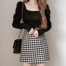 [레티고] 스퀘어 넥 퍼프 긴팔 골지 니트 블라우스