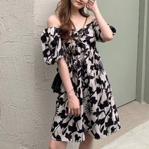 패스타임 여성 플라워 꽃무늬 밴딩 스퀘어넥 퍼프 볼륨 반팔 오프숄더 여름 미디 롱원피스