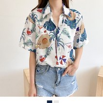 알로하 여름 반팔 블라우스 빅사이즈 블라우스 여름블라우스 반팔블라우스 여자린넨셔츠 하와이안셔츠 여성남방 브이넥블라우스 도트블라우스 여자