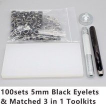 3 in 1 툴키트가 포함된 금속 그로밋 구멍 플랫 홀 펀처 및 해머 스틱 DIY 벌크, 02 Black-5mm