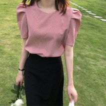 라운드넥 어깨뽕 버블 슬리브 블라우스 2종 M-L 실제 주식