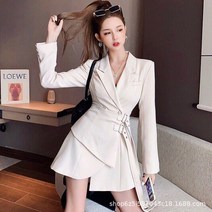 봄 가을 정장스타일 벨티드 랩 아이보리 검정 원피스