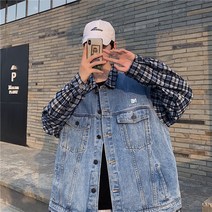 가을체크셔츠 데님점퍼 남자 트렌드 스트릿 패치워크 체크남방 페이크투피스 멋진 재킷 2251553213