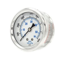 액체 충전 센터 백 마운트 압력 게이지 6.4cm(2.5인치) 다이얼 0-800 PSI 0.6cm(1/4인치) 수 NPT 연결 스테인리스 스틸 케이스 및 베젤 (1) 673, 1