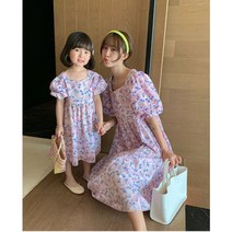코코나빈 엄마와 딸 커플룩 플라워 루즈핏 퍼프 원피스 촬영룩