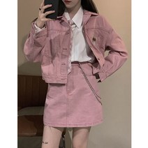 크롭자켓세트 린정장세트 여자린넨셋업 레트로 핑크 여성 데님 스커트 투피스 여름 세미정장
