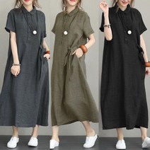 은창)린넨 카라 롱 원피스 루즈핏 퍼프 반팔