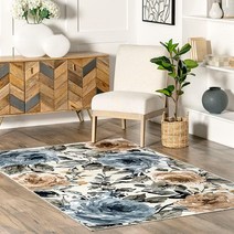 NuLOOM 세탁기 세탁 가능한 베니 플로럴 얼룩 방지 부분 러그 2.4 x 3m(8 x 10피트) 블루
