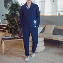 남자 고급 자수 슬림 브이넥 복고 퓨전 생활 개량 한복 바지 면마 투피스 세트 근무복