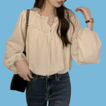 여자 노카라 목 프릴 블라우스 레이스 봄 가을 블랙 셔츠