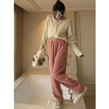 핑크 코듀로이 팬츠 골덴 와이드 바지 밴딩 부츠 컷 여성 가을 겨울 루즈 레그 하이 웨이스트 슬리밍 스트레이트 레그 캐주얼 모핑