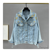 티피/Teepie 유럽 상품 데님 재킷 여성 가을 신작 느슨한 스팽글 다이아몬드 박힌 긴팔 탑
