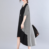 091 여성 시원 줄무늬 배색 루즈핏 반팔 롱 원피스