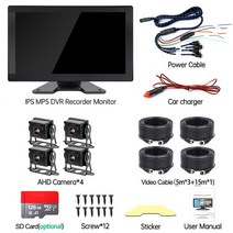 블랙박스 4채널 RV트럭버스트레일러캠퍼용 ahd 1080p 백업 카메라 10.1인치 터치 4ch 분할 화면 차량 mp4 dvr 레코더 모니터, 4 카메라, SD 카드 없이