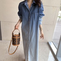 아우르 여성 그라데이션 데님 원피스 드레스 봄 캐주얼 데일리 싱글 버튼 루즈핏