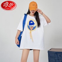 랑샤 화이트 티셔츠 여성 여름 2022 커플 여름옷 헤비 웨이트 코튼 루즈한 반팔 탑옷 트렌드 디자인 센스 프린팅 여성용 화이트(도날드 덕) 프리 사이즈