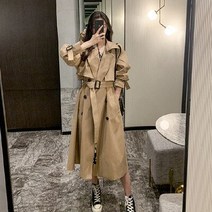 가죽트렌치코트 여성용 가을 클래식 더블 브레스트 롱 트렌치 재킷 벨트 포함 솔리드 컬러 라펠 윈드브