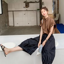 FANSYLI 여성 여름 슈트 반팔 셔츠 와이드팬츠 투피스 캐쥬얼 슈트 W3F10
