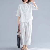 여성 정장 스트라이프 7부 면마 린넨 투피스 상하세트 한벌 출근룩