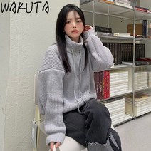 WAKUTA 그레이 두꺼운 지퍼 하이넥 스웨터 카디건 여성 가을 겨울 2021 Korean Dailywear Black Loose Knit
