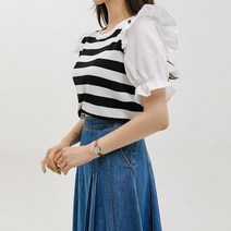 스타일온미 러블리데이 퍼프 소매 배색 스트라이프 니트 블라우스
