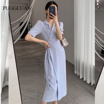 다낭원피스 발리 원피스 동남아 베트남 여행룩 휴양지룩 해외여행여름옷 동남아여름옷 빈티지 턴 다운 칼라 숏 퍼프 슬리브 오피스 레이디 스플릿 미디 드레스 여성용 작업복