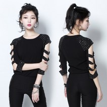 소매 절개 트임 티셔츠 큐빅 난타 공연복 댄스 의상