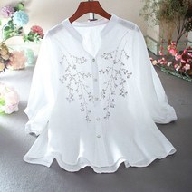레니본블라우스 2021 여름 여성의 느슨한 얇은 캐주얼 자수 꽃 셔츠 패션 v 넥 반팔 프린트 탑 블라우스